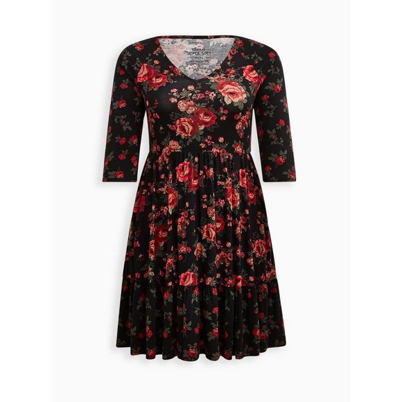 Torrid Floral Mini Super Soft Skater Dress Black Red Plus Size 4 4X H14738 - Picture 3 of 13